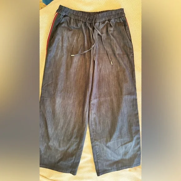 ZARA Blue Denim Wide Leg Drawstring Pull-on Pants w Red Side Stripe - Picture 3 of 9